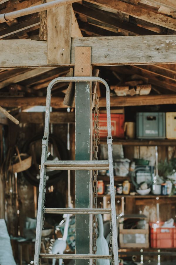Workshop interior with ladder and wood-frame roof